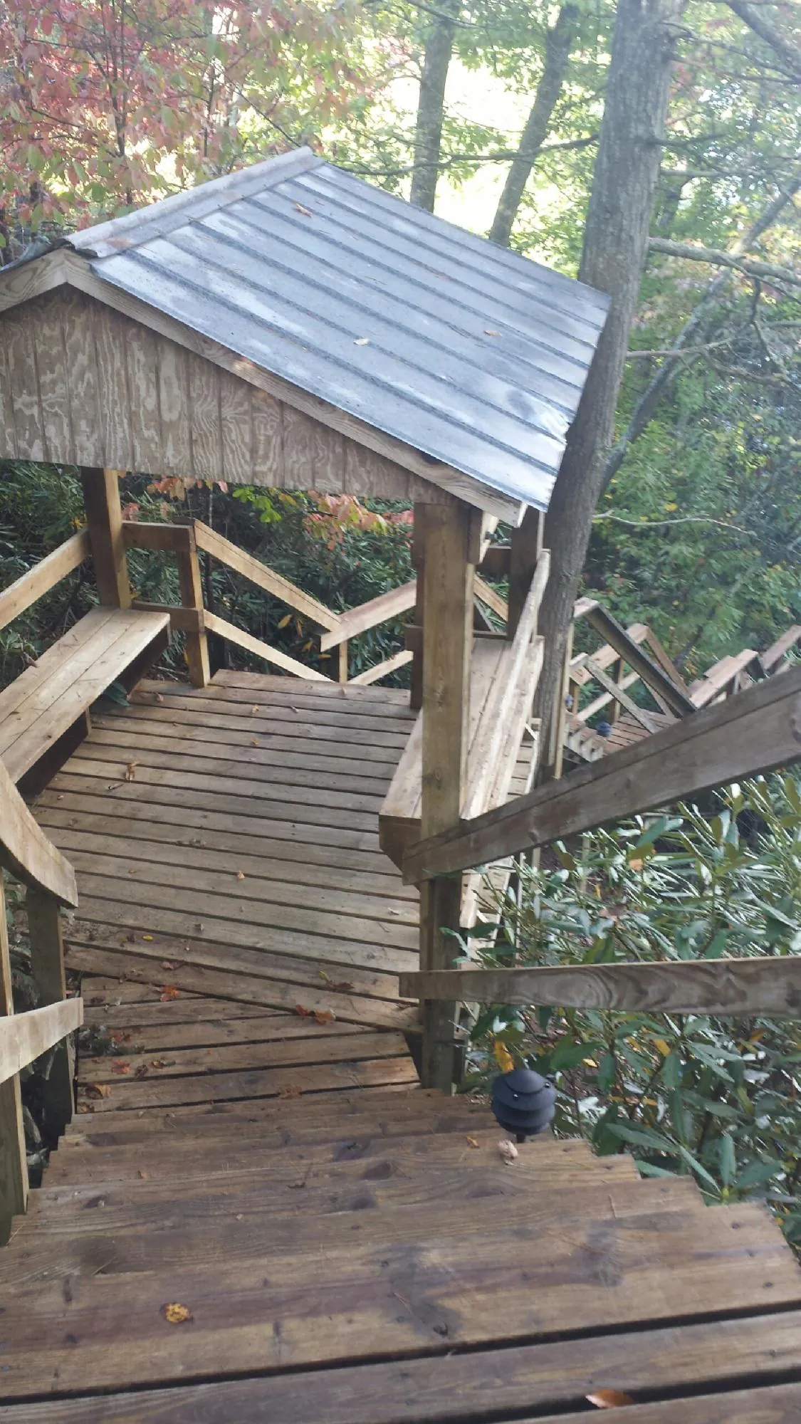 Metal roofed shelter over wooden steps on a wooded walkway — Skylight Repair & Installation work by our crew in Blakely Island